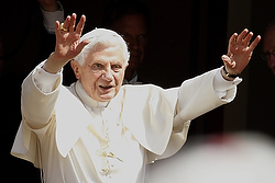 POPE BENEDICT WAVES AFTER WEEKLY AUDIENCE AT SUMMER RESIDENCE