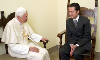 Pope Benedict talks to his former butler Paolo Gabriele during a private audience at the Vatican.