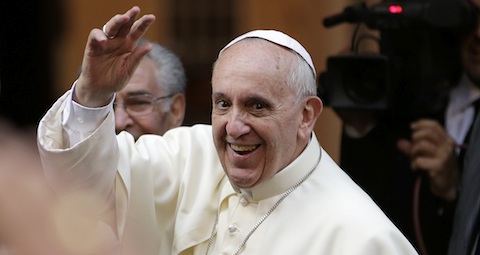 Pope waves as he arrives to celebrate Mass at Basilica of St. Augustine in Rome