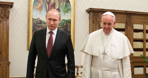 Pope Francis walks with Russian President Vladimir Putin during a private audience at the Vatican Nov. 25. (CNS photo/L'Osservatore Romano via Reuters) (Nov. 25, 2013) See POPE-PUTIN Nov. 25, 2013.