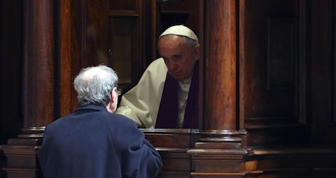Pope Francis hears confession during a penitential liturgy in early March in St. Peter's Basilica at the Vatican. During his Aug. 2 Angelus, Pope Francis told people not to be afraid or ashamed to go to confession. (CNS photo/Alessandro Bianchi pool via EPA) See POPE-CONFESS Aug. 3, 2015.