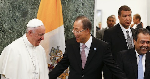 U.N. Secretary-General Ban Ki-moon welcomes Pope Francis to the United Nations headquarters in New York Sept. 25. (CNS photo/Paul Haring) See POPE-UN Sept. 25, 2015.