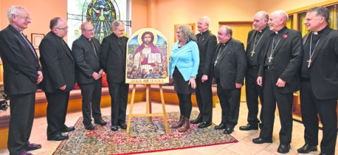 Launch of Jesus the Teacher Icon, at the Bishops' Conference of Scotland Meeting at Schoenstatt, Monday 6th Feb 2017.
Icon Writer Bernadette Reilly with Barbara Coupar Director of SCES, The Papal Nuncio Archbishop Edward Adams and the Bishops of Scotland.
Monday 6th Nov 2017.
Photo by and copyright of Paul Mc Sherry 07770 393960