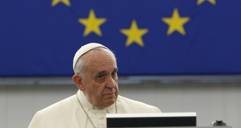 Pope Francis looks on during a visit to the European Parliament in Strasbourg, France, Nov. 25. (CNS photo/Paul Haring) See POPE-EUROPARLIAMENT Nov. 25, 2014.