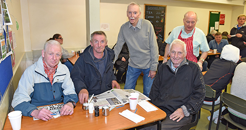 The Wayside Club, Glasgow, Tuesday 11th Sept 2018.Jim White with some of the regulars having a read at the days papers before a game of bingo.Photo by and copyright of Paul Mc Sherry 07770 393960 @Paulmcsherry2
