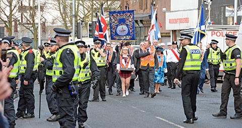 No Anti-Catholic marches past Catholic Churches, silent protest at St Alphonsus RC Church, Glasgow,Protesting at the Bridgeton Loyal Orange and Purple District No37 march past the church.Sat 16th February 2019.Photo by and copyright of Paul Mc Sherry 07770 393960 @Paulmcsherry2